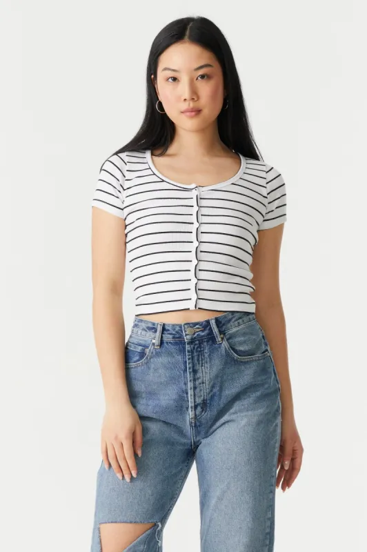 Ribbed Striped Button-Up Crop Top sold by Charlotte Russe