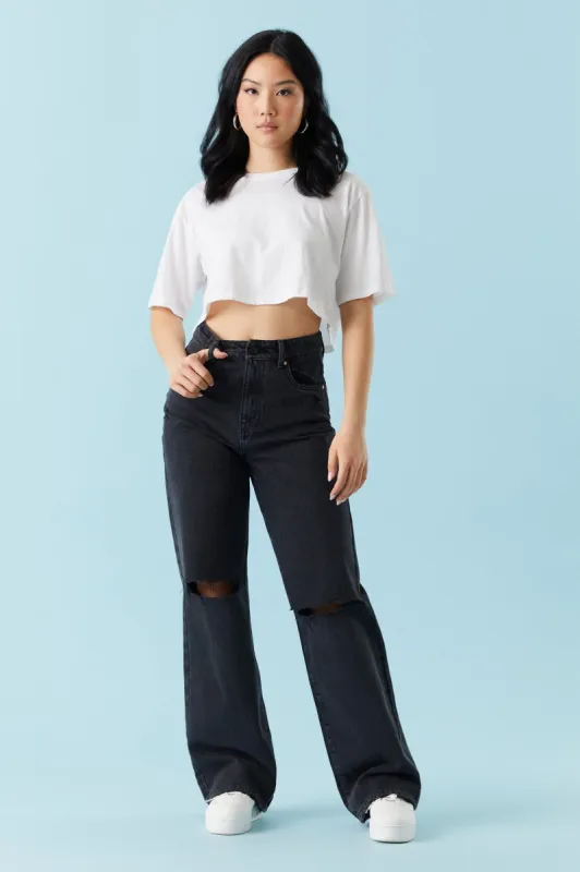 Refuge High-Rise Black Wash Light Distressed Wide Leg Jean sold by Charlotte Russe