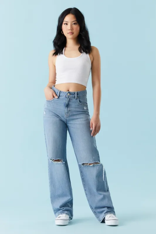 Refuge High-Rise Medium Wash Light Distressed Wide Leg Jean sold by Charlotte Russe