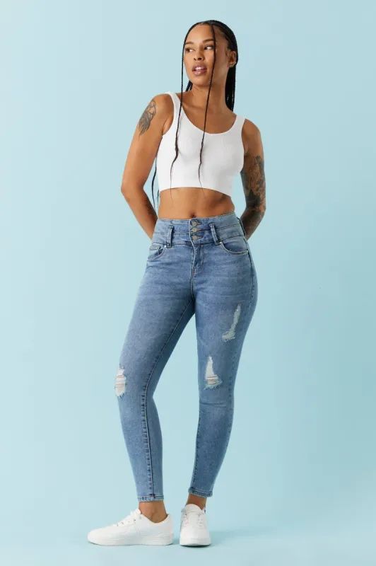 Refuge High-Rise Push-Up Distressed Medium Wash Skinny Jean sold by Charlotte Russe