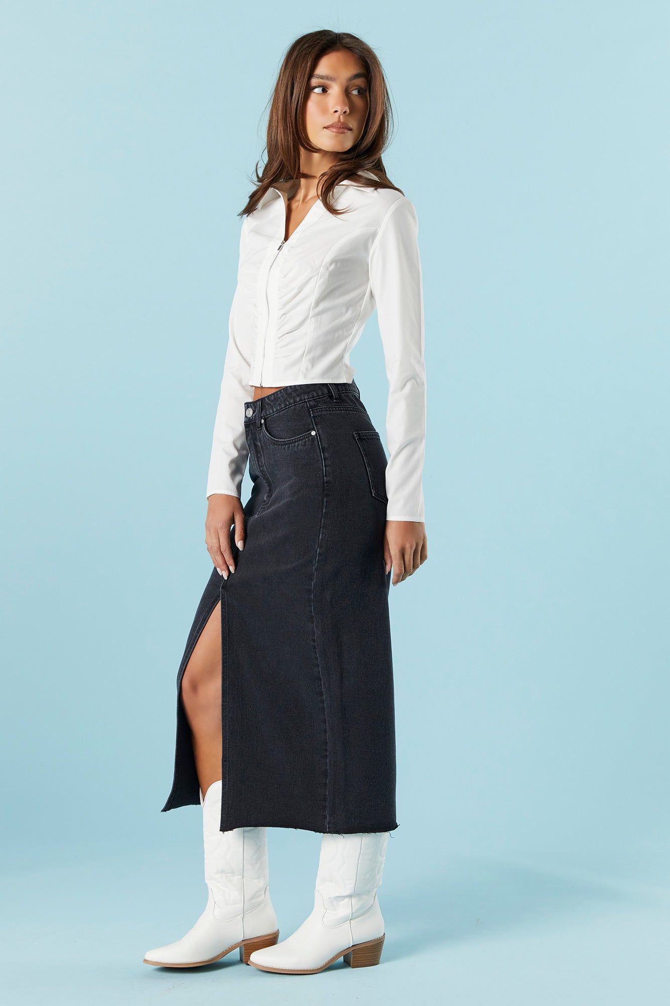 Black Wash Denim Front Slit Midi Skirt sold by Charlotte Russe product image thumbnail 3