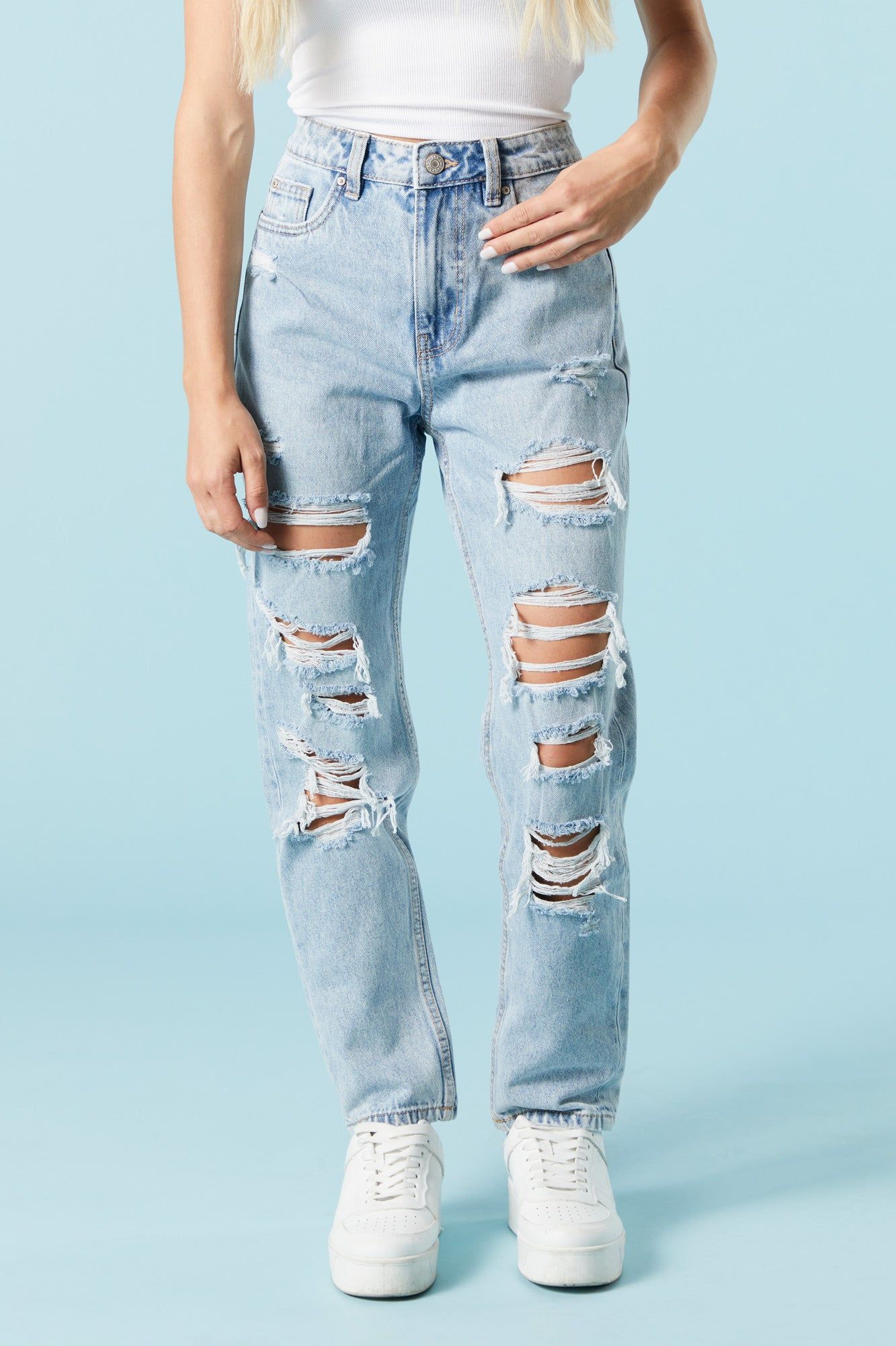 Light Wash Heavy Distressed Mom Jean sold by Charlotte Russe product image thumbnail 2