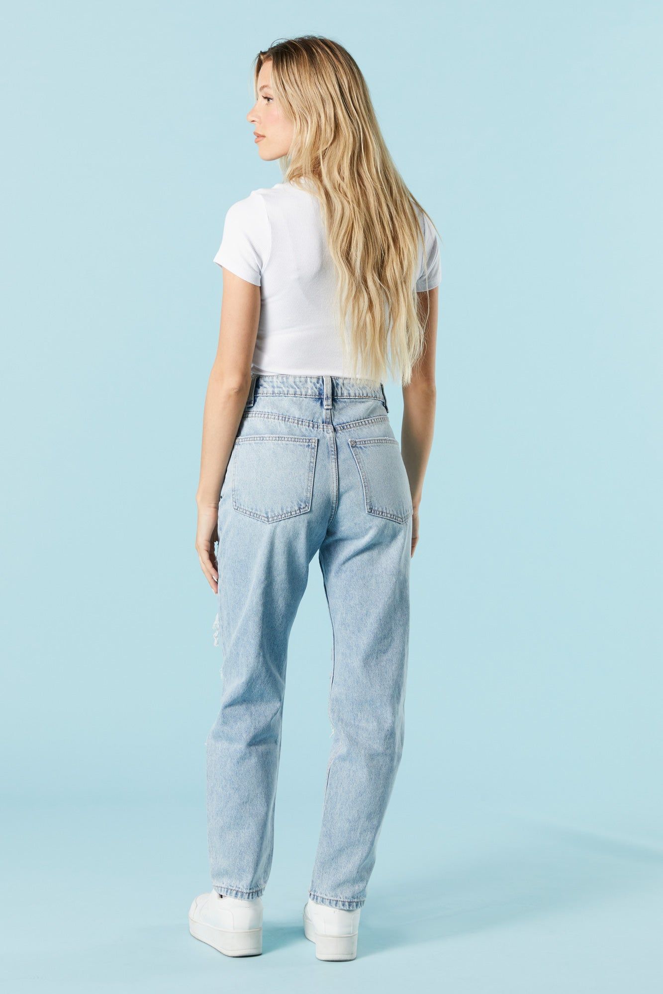 Light Wash Heavy Distressed Mom Jean sold by Charlotte Russe product image thumbnail 3