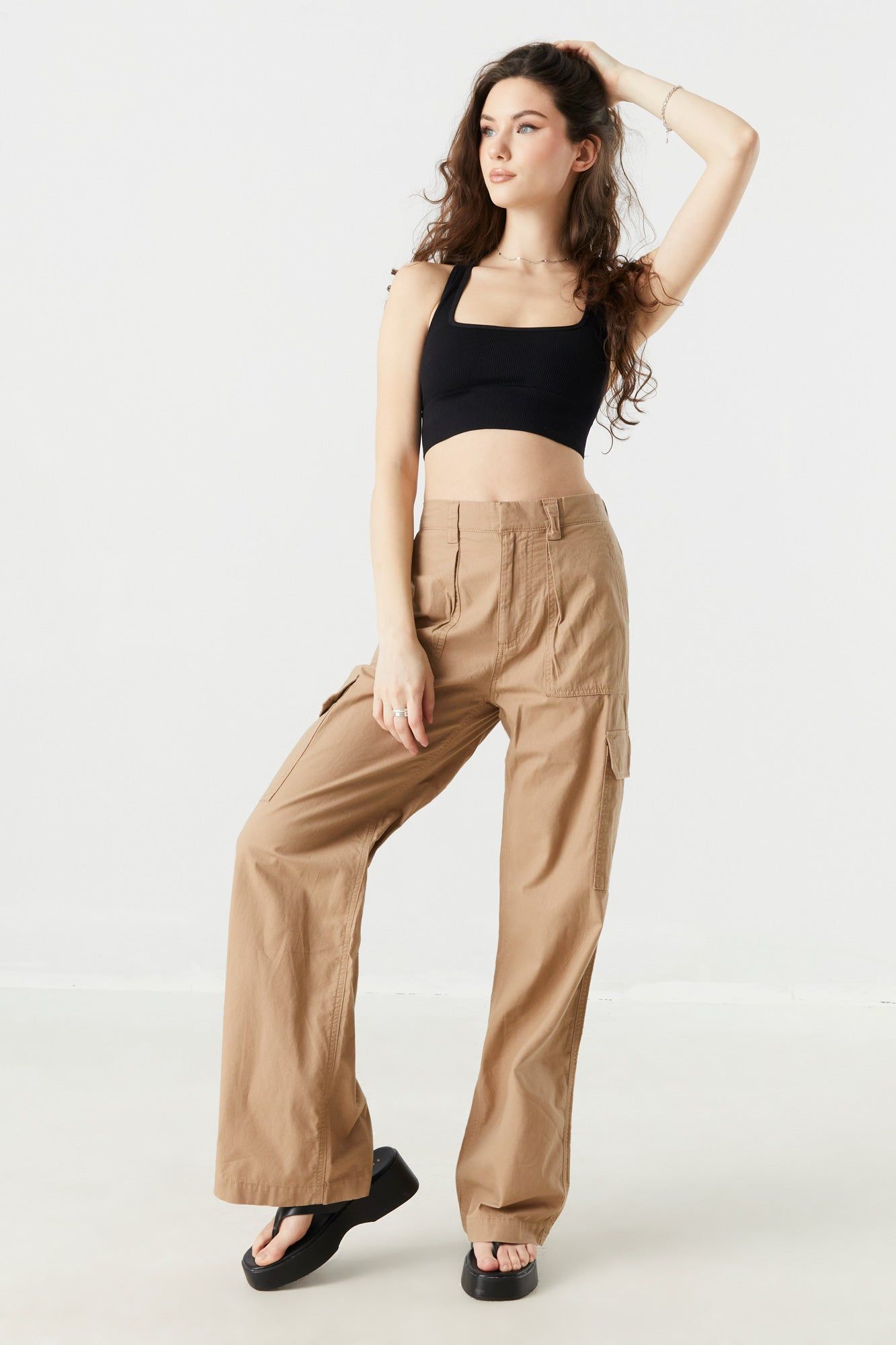 Tan Poplin Wide Leg Cargo Pant sold by Charlotte Russe