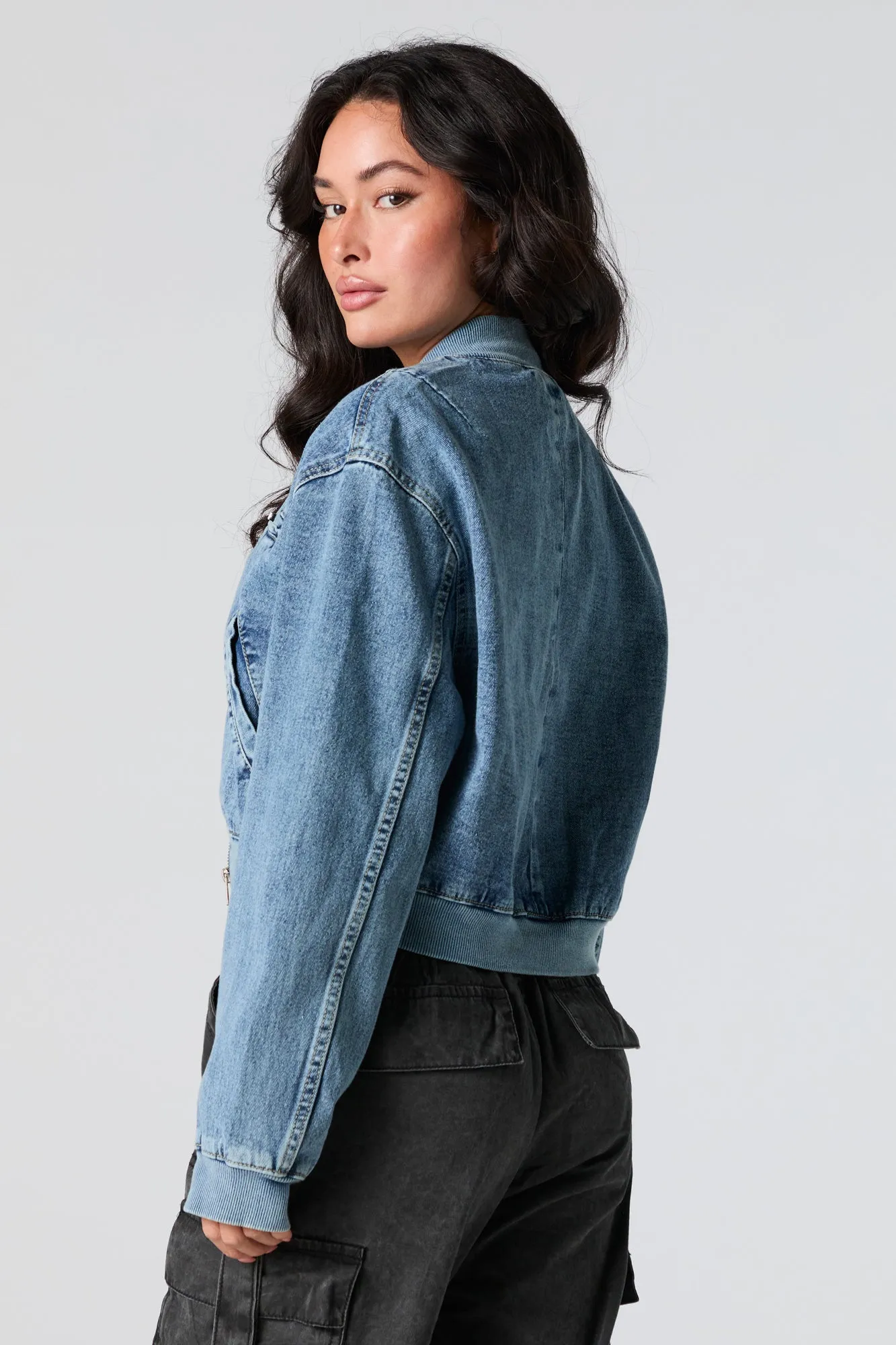 Denim Cropped Bomber Jacket sold by Charlotte Russe product image thumbnail 2