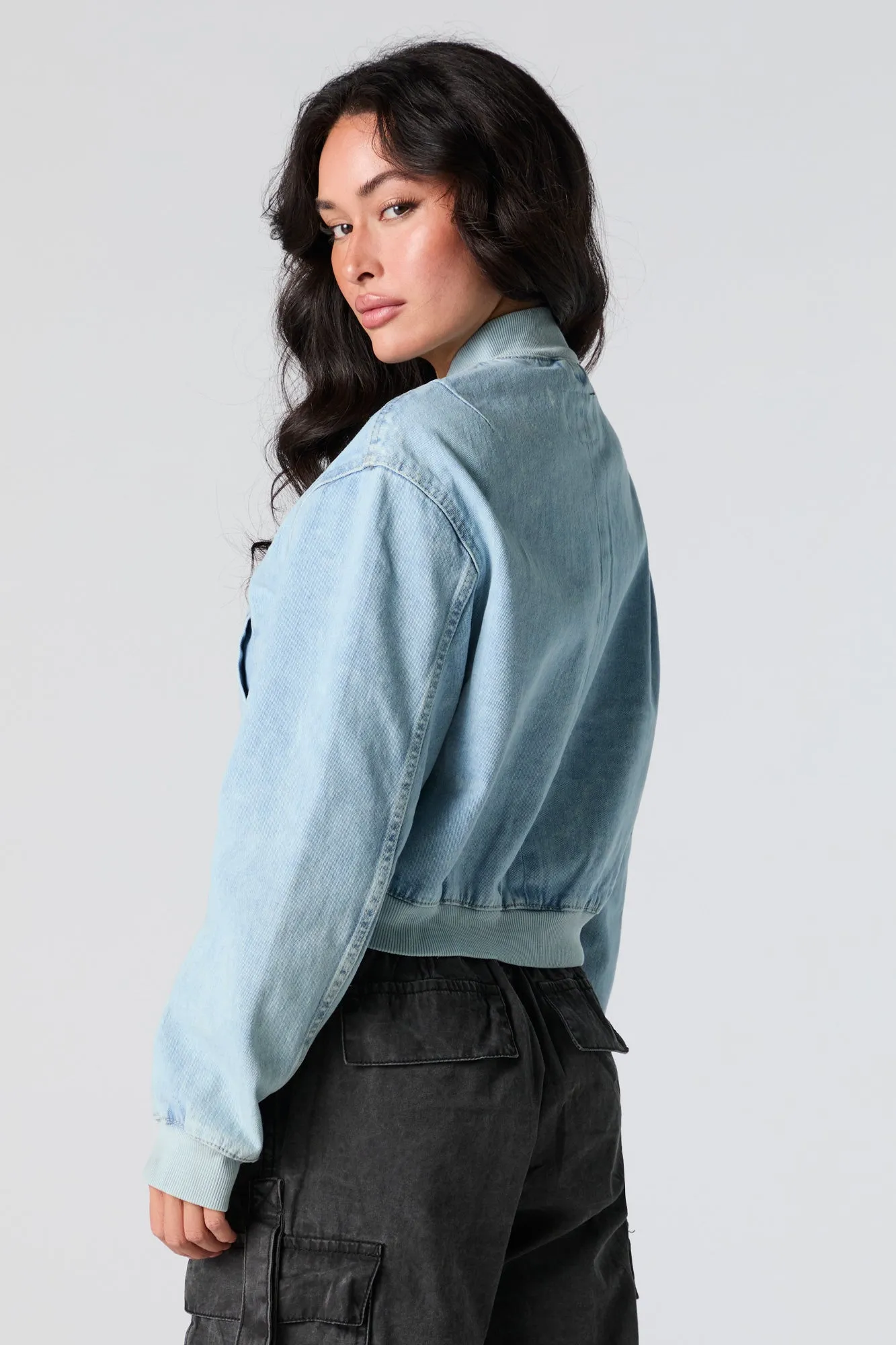 Denim Cropped Bomber Jacket sold by Charlotte Russe product image thumbnail 5