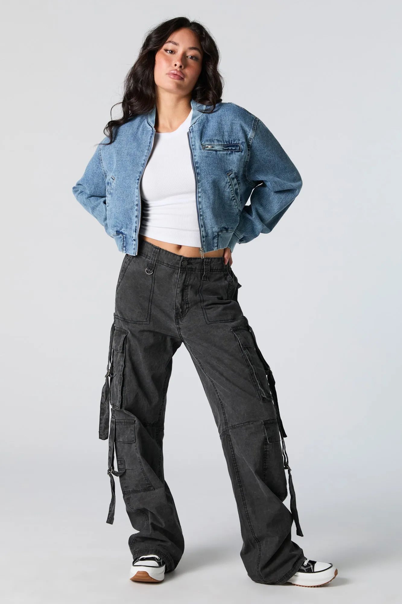 Denim Cropped Bomber Jacket sold by Charlotte Russe product image thumbnail 3