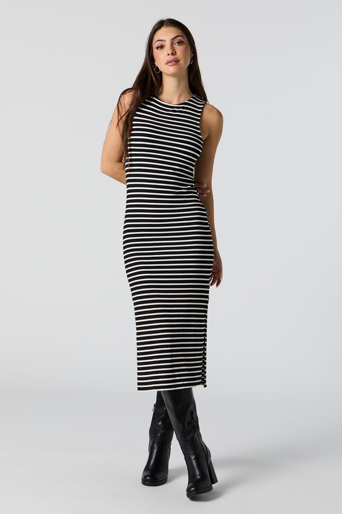 Striped Ribbed Double Slit Bodycon Midi Dress sold by Charlotte Russe