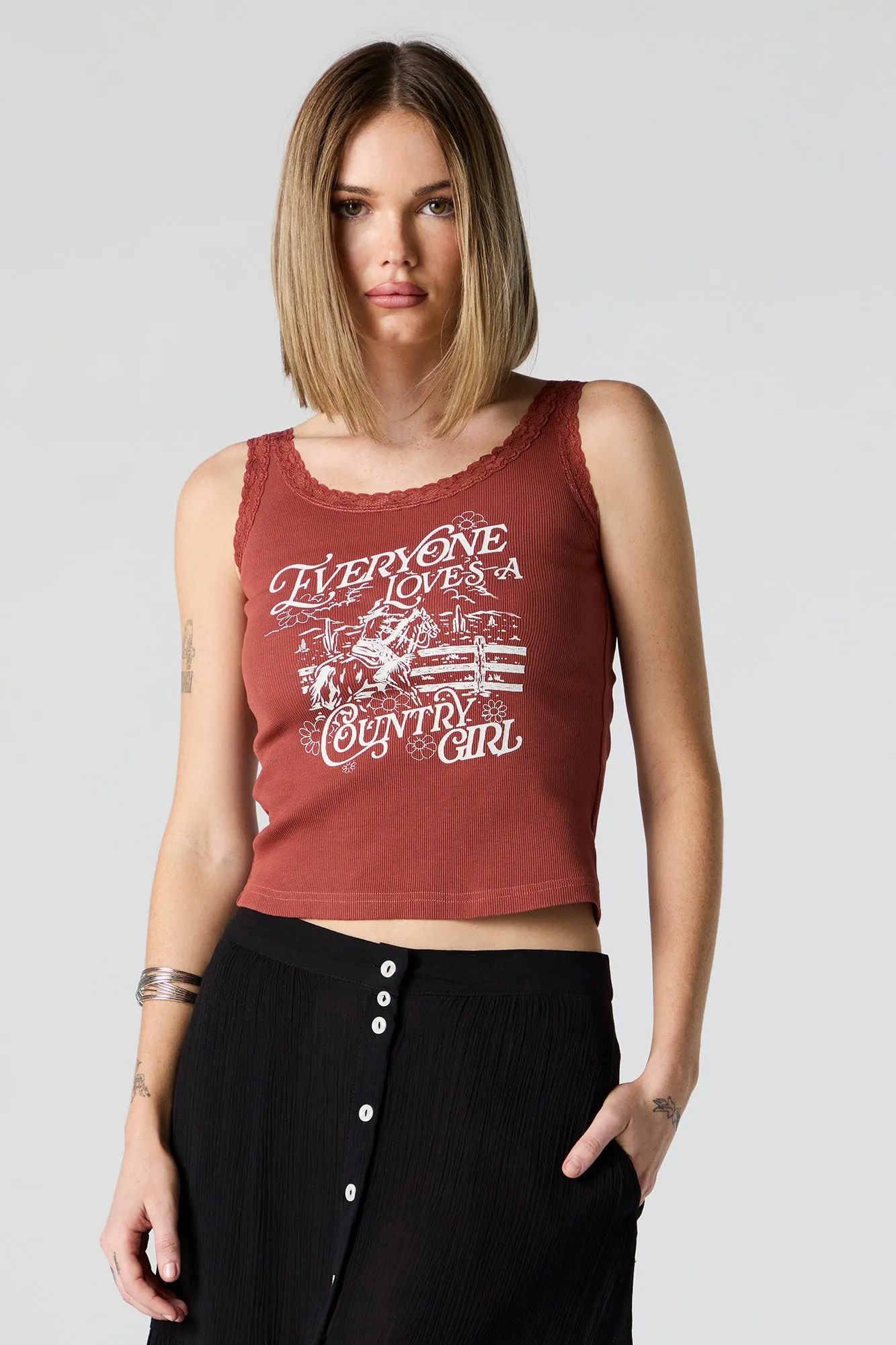 Country Girl Graphic Lace Trim Tank sold by Charlotte Russe product image thumbnail 4