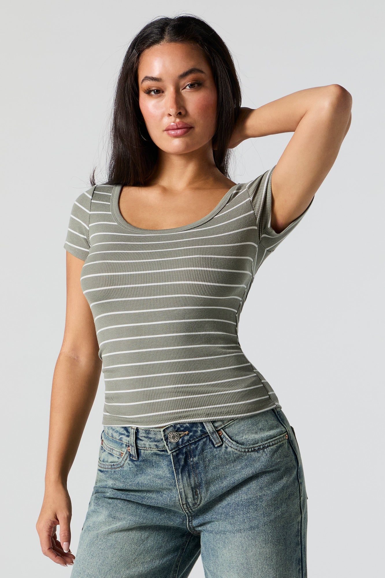 Green Ribbed Scoop Neck T-Shirt sold by Charlotte Russe