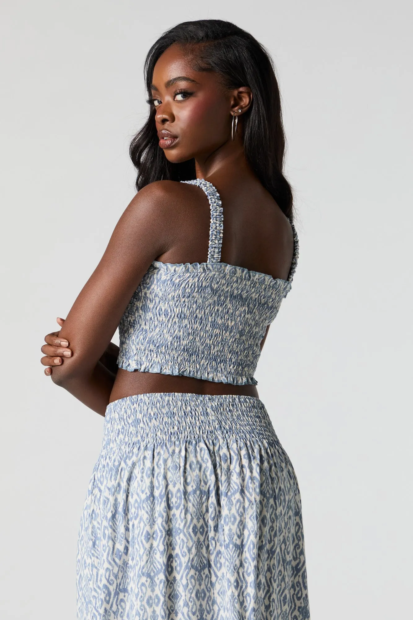 Blue and White Print Smocked Cropped Tank sold by Charlotte Russe product image thumbnail 2