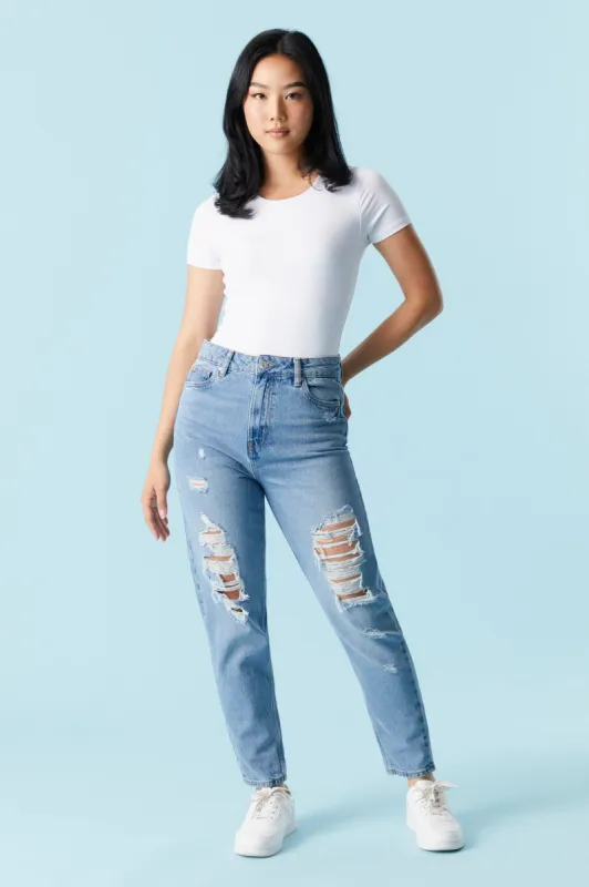 Refuge Heavy Distressed Medium Wash Mom Jean sold by Charlotte Russe