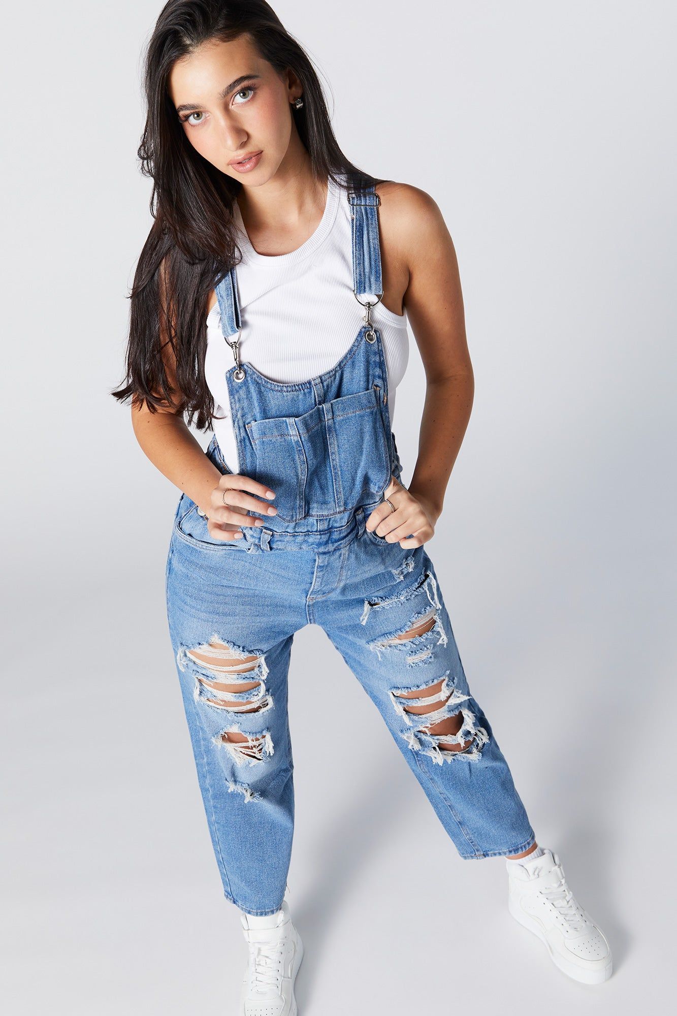 Distressed Denim Overall sold by Charlotte Russe
