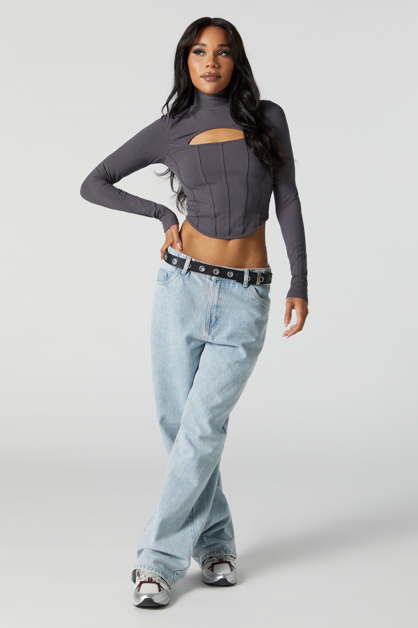 Ribbed Mock Neck Long Sleeve Corset Top sold by Charlotte Russe product image thumbnail 4