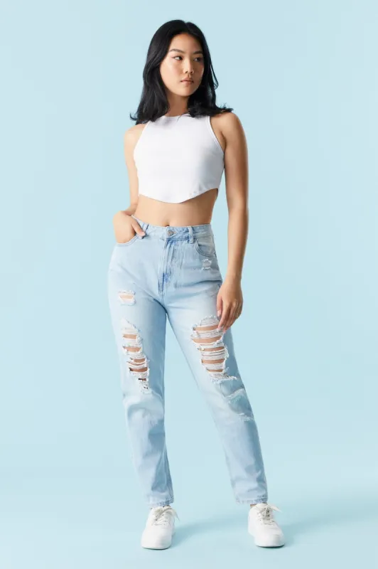 Refuge Heavy Distressed Light Wash Mom Jean sold by Charlotte Russe