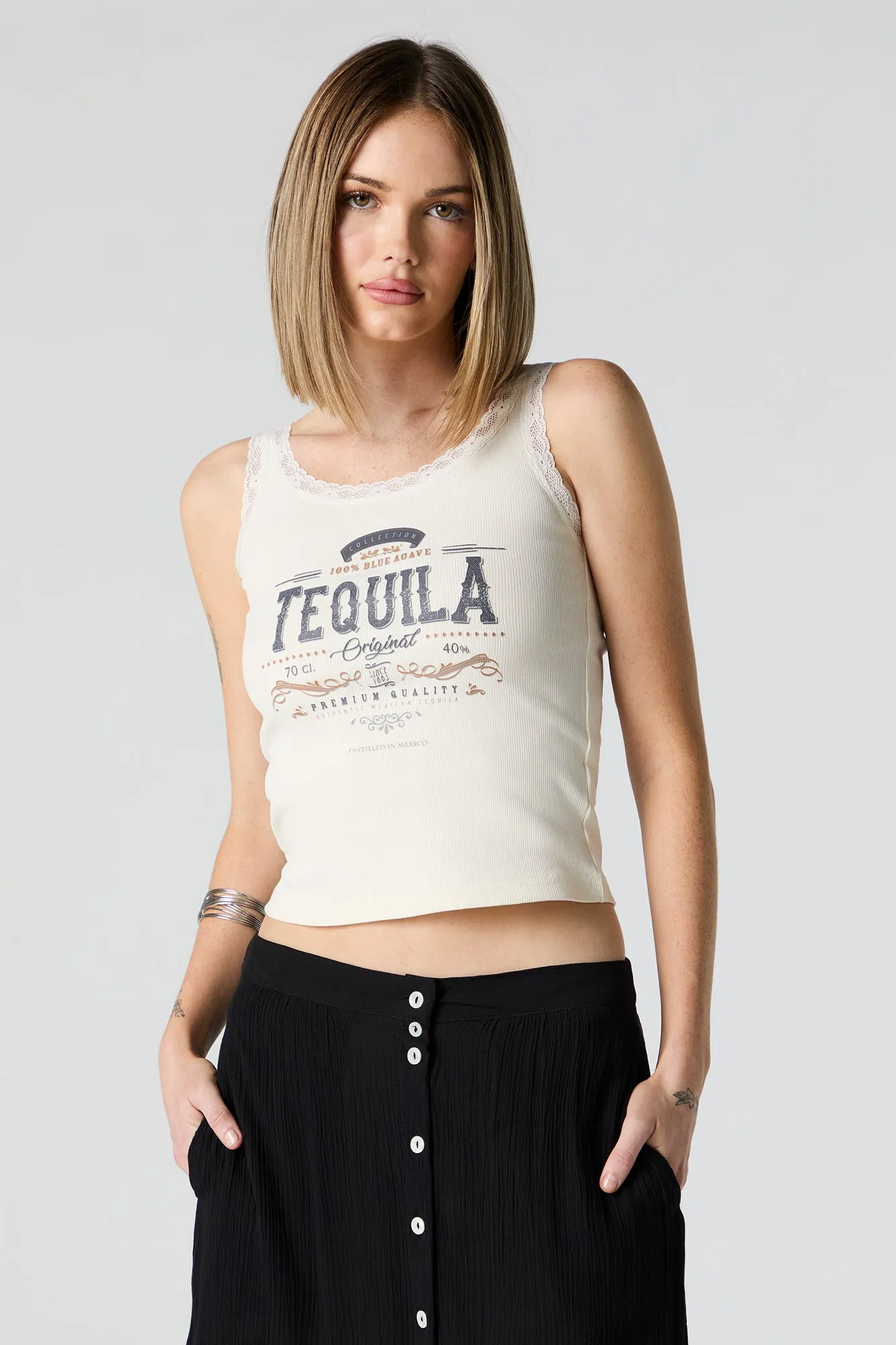 Tequila Graphic Lace Trim Tank sold by Charlotte Russe