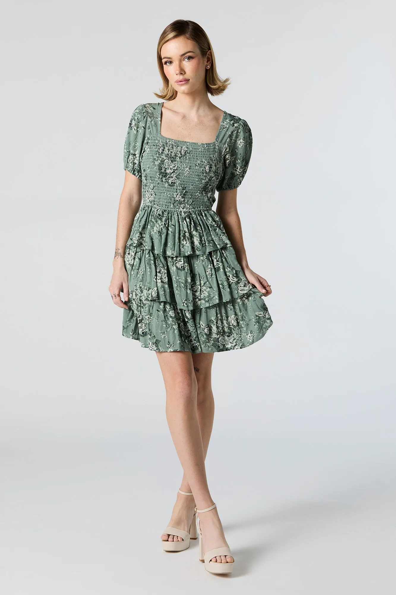 Sage Floral Smocked Tiered Mini Dress sold by Charlotte Russe product image thumbnail 3
