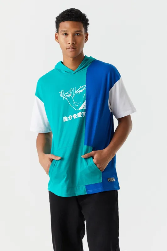 Kanji Anime Graphic Colour Block Hooded T-Shirt sold by Charlotte Russe