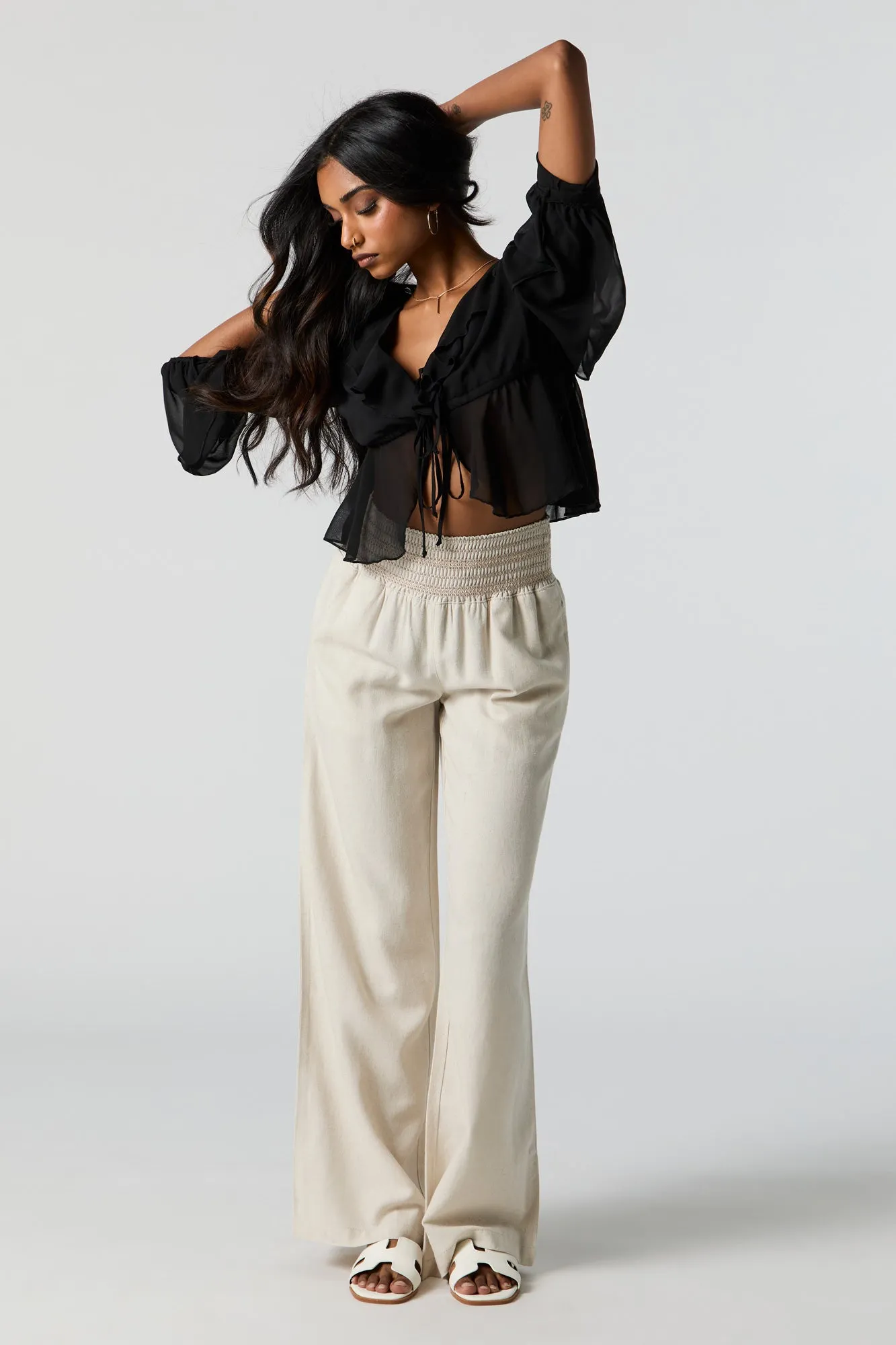 Linen Embroidered Smocked Palazzo Pant sold by Charlotte Russe product image thumbnail 4