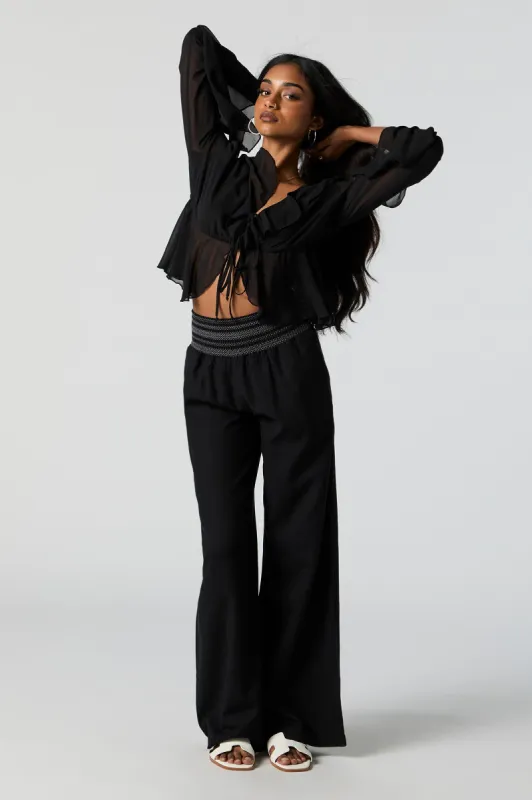 Linen Embroidered Smocked Palazzo Pant sold by Charlotte Russe