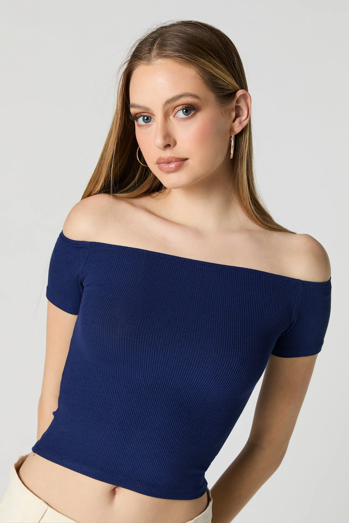 Ribbed Off Shoulder Short Sleeve Crop Top sold by Charlotte Russe