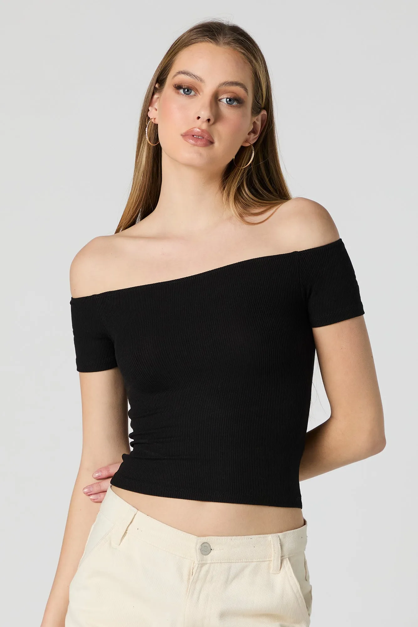 Ribbed Off Shoulder Short Sleeve Crop Top sold by Charlotte Russe product image thumbnail 4
