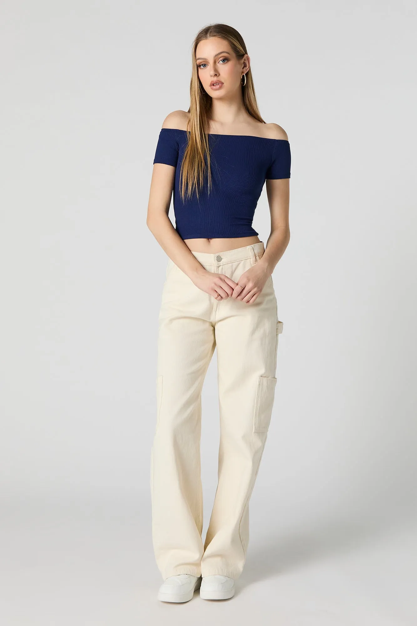 Ribbed Off Shoulder Short Sleeve Crop Top sold by Charlotte Russe product image thumbnail 3