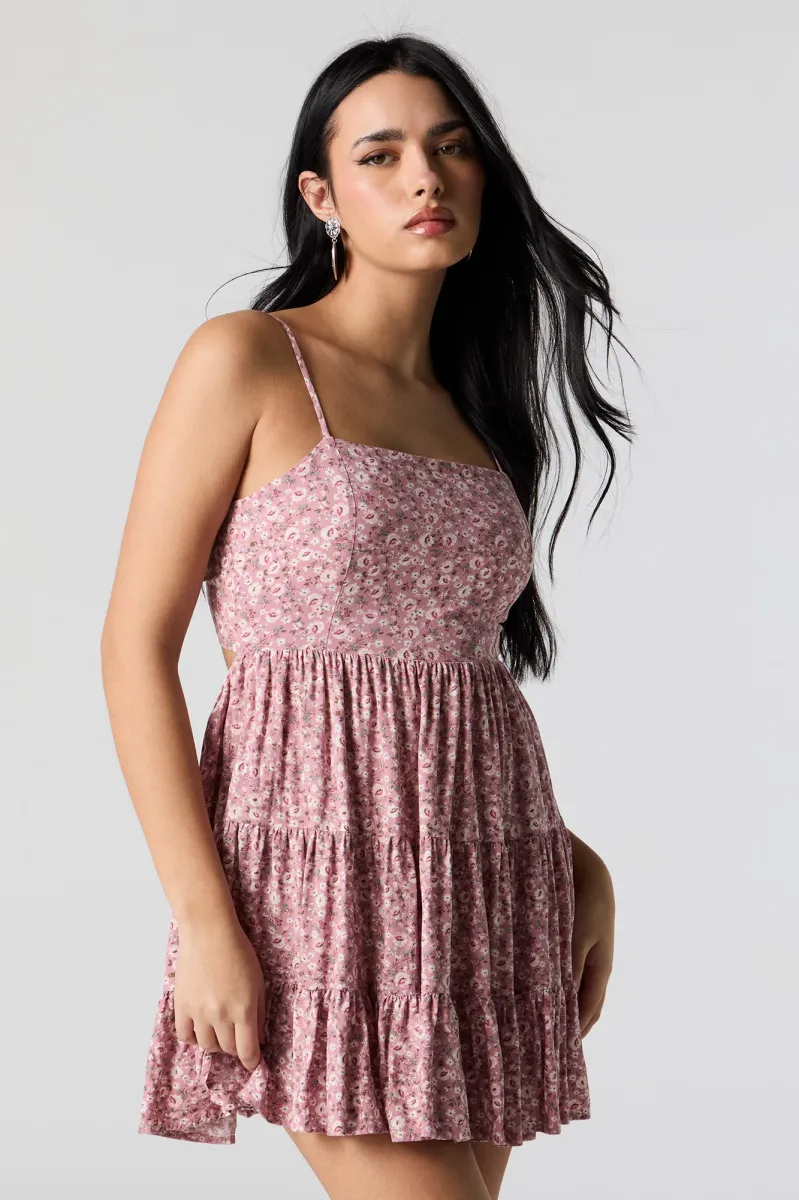 Mini Dress with Floral Print and Tiered Hem - Pink