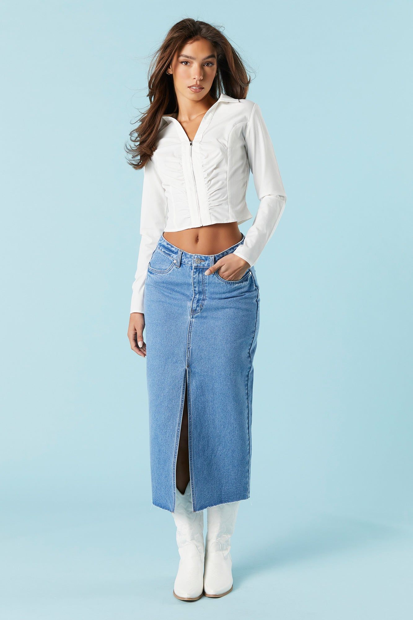 Denim Front Slit Midi Skirt sold by Charlotte Russe