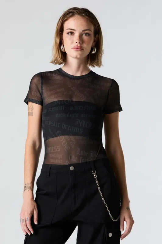Text Print Mesh Short Sleeve Bodysuit sold by Charlotte Russe