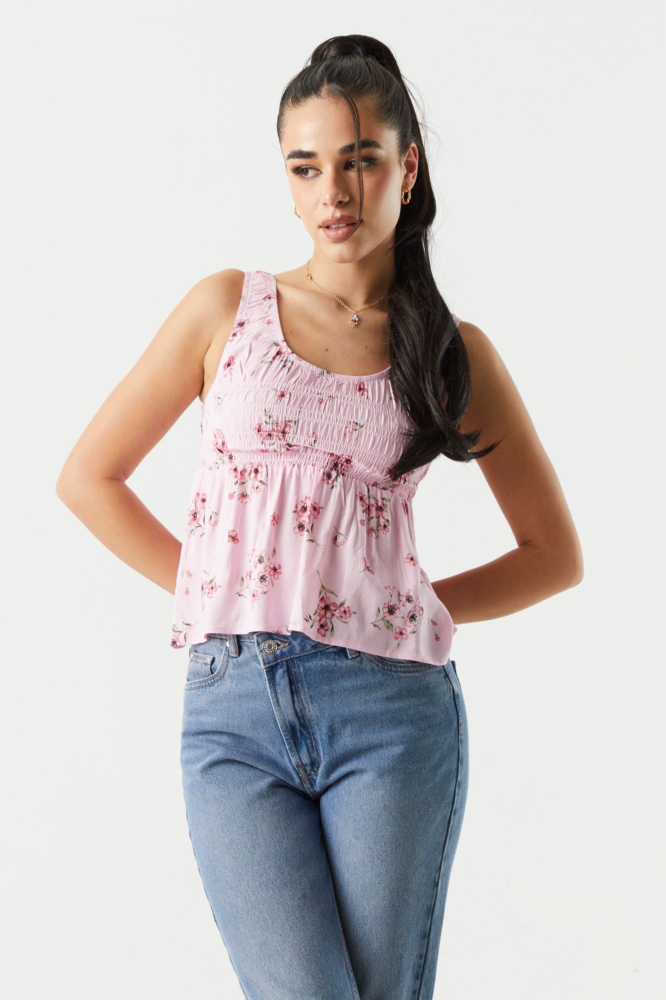 Pink Floral Smocked Milkmaid Cami sold by Charlotte Russe