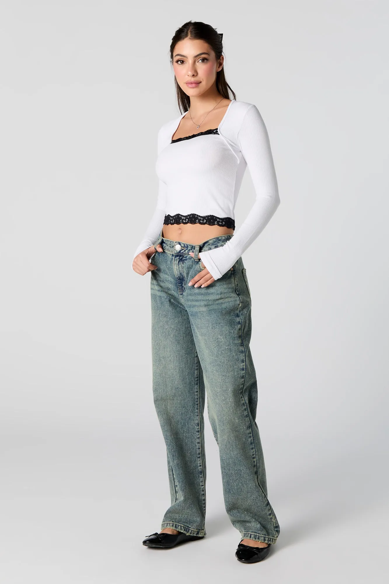 Ribbed Lace Trim Long Sleeve Top sold by Charlotte Russe product image thumbnail 3