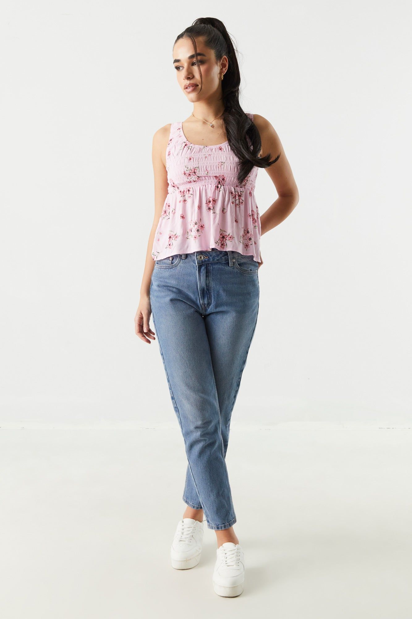 Pink Floral Smocked Milkmaid Cami sold by Charlotte Russe product image thumbnail 3