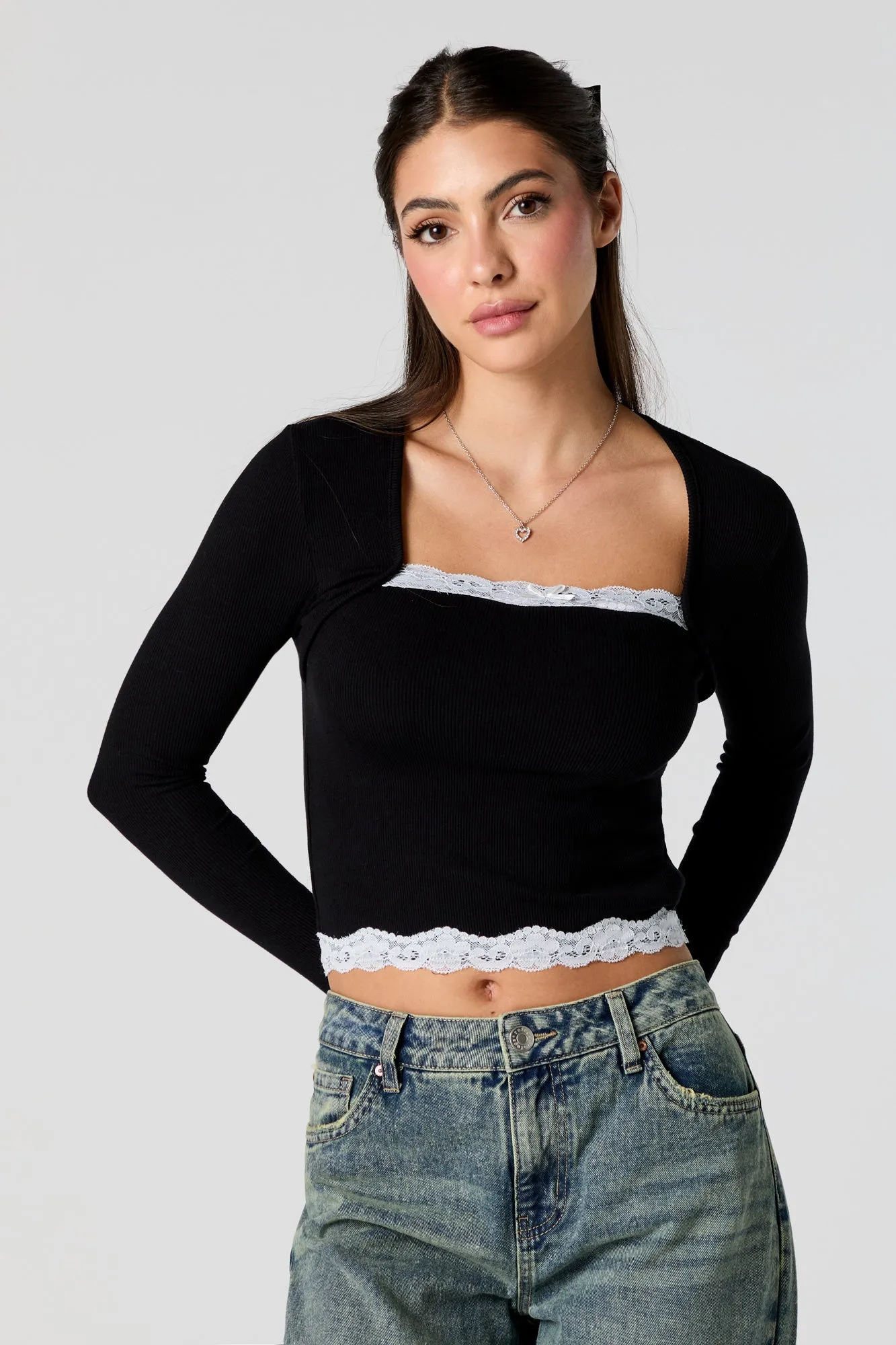 Ribbed Lace Trim Long Sleeve Top sold by Charlotte Russe product image thumbnail 4