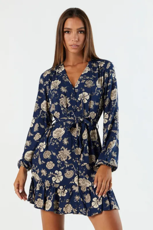 Blue Floral Print Belted Long Sleeve Dress sold by Charlotte Russe