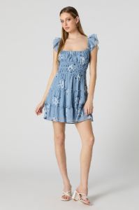 Blue Floral Smocked Flutter Sleeve Mini Dress sold by Charlotte Russe