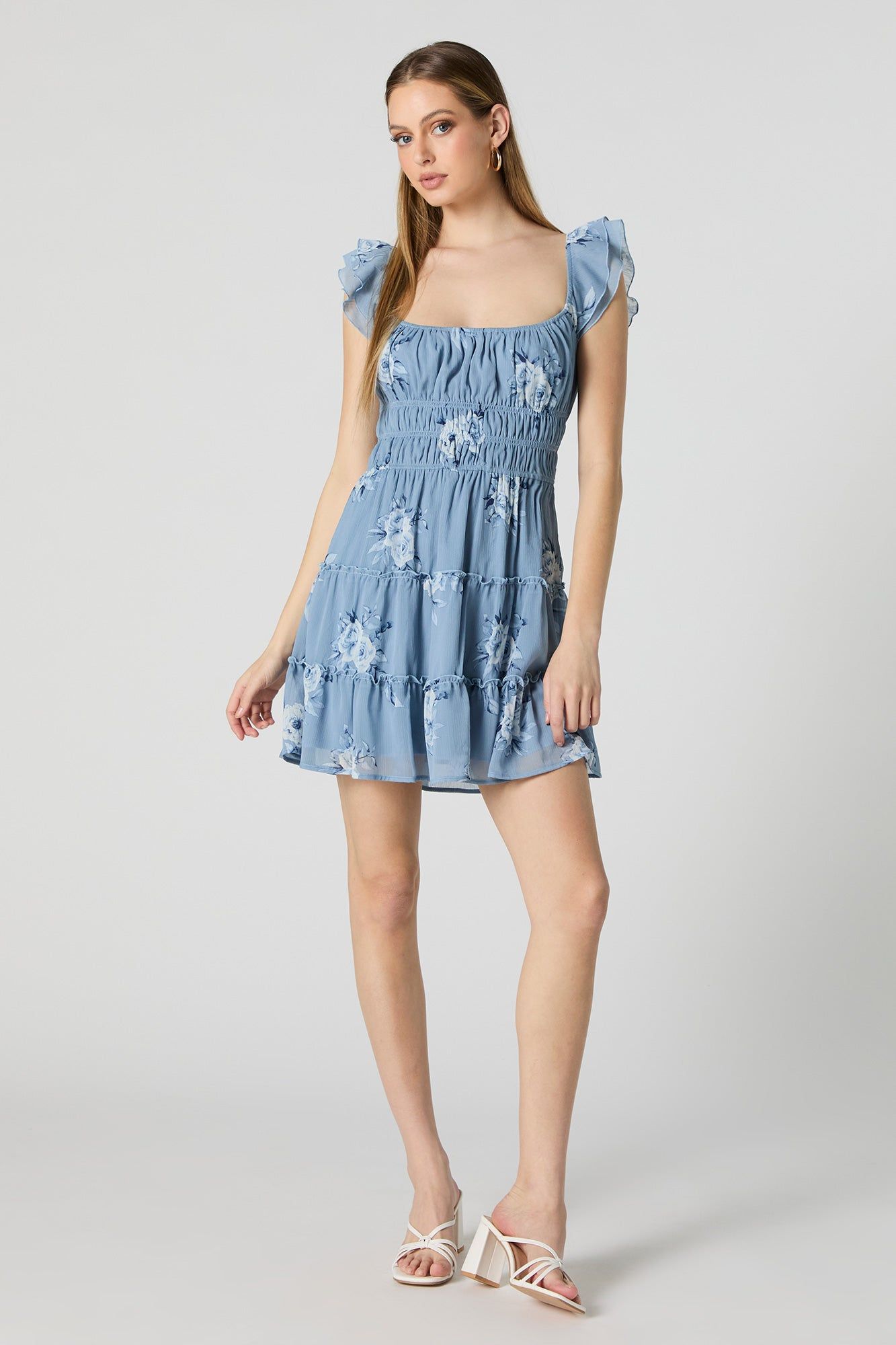 Blue Floral Smocked Flutter Sleeve Mini Dress sold by Charlotte Russe product image thumbnail 3