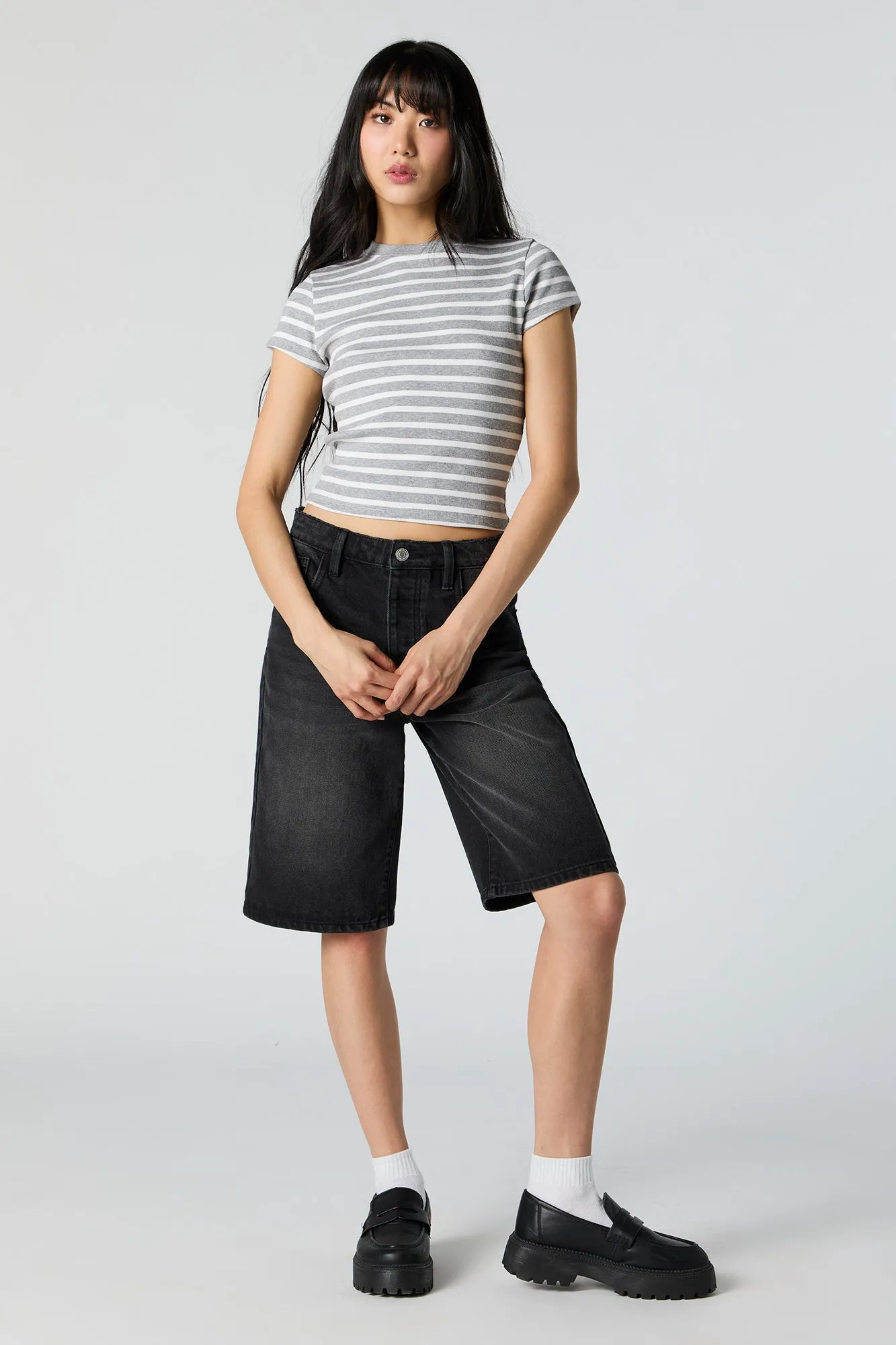 Striped Ribbed High Neck Skimmer T-Shirt sold by Charlotte Russe product image thumbnail 3