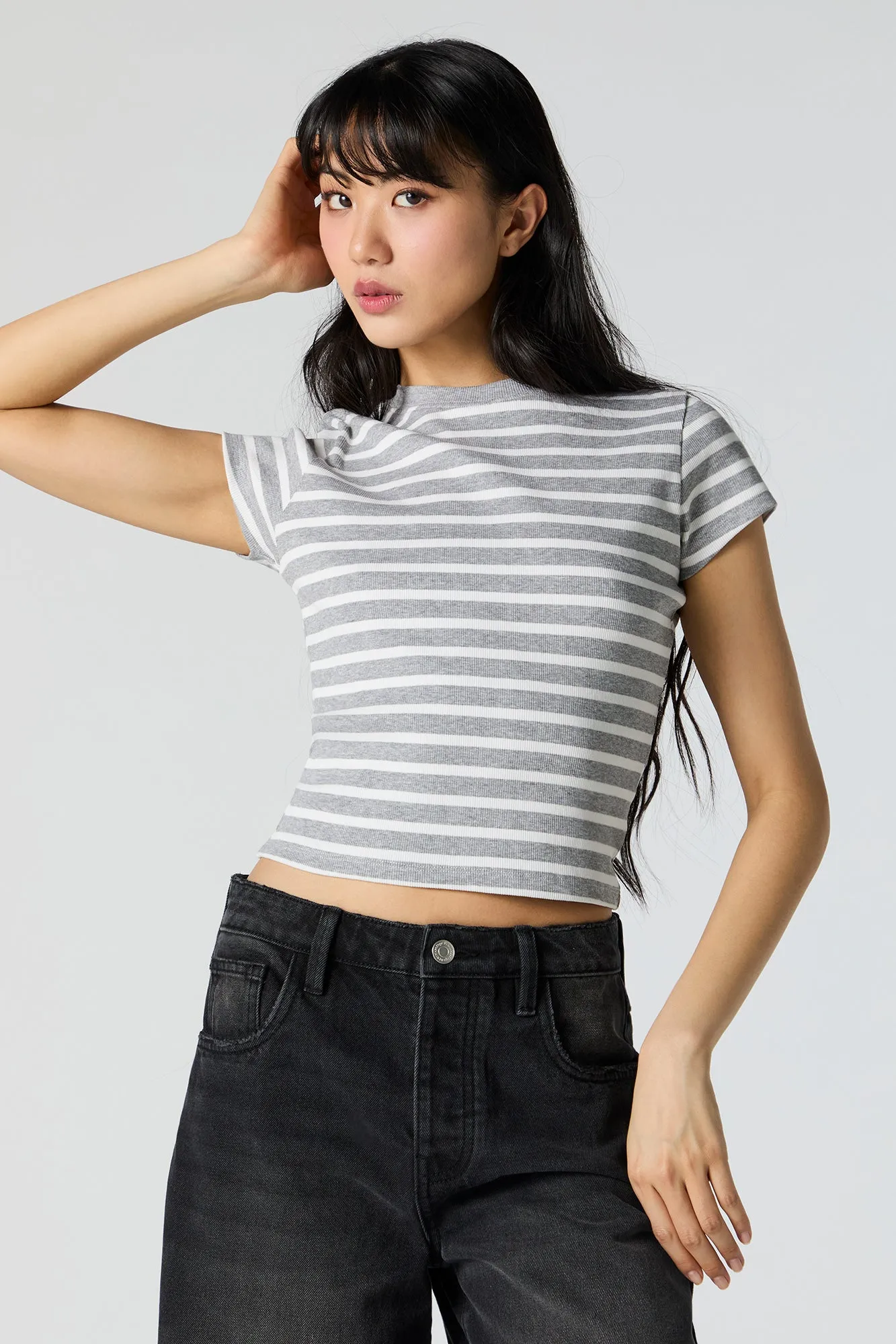 Striped Ribbed High Neck Skimmer T-Shirt sold by Charlotte Russe