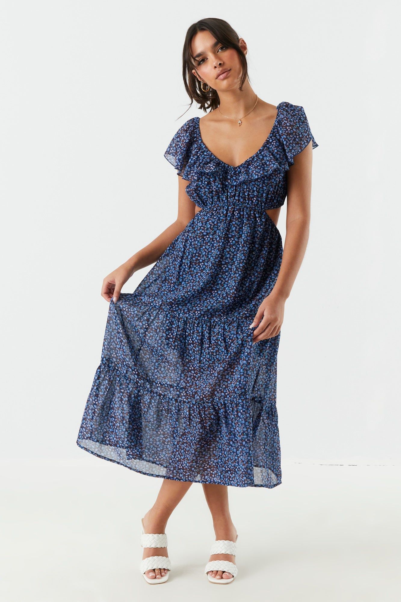 Blue Floral Side Cut-Out Tiered Maxi Dress sold by Charlotte Russe