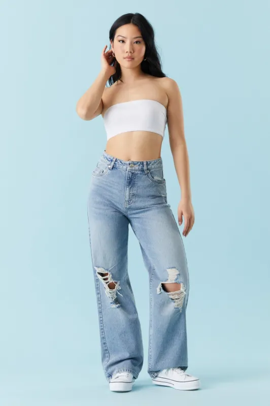 Refuge High-Rise Medium Wash Distressed Wide Leg Jean sold by Charlotte Russe