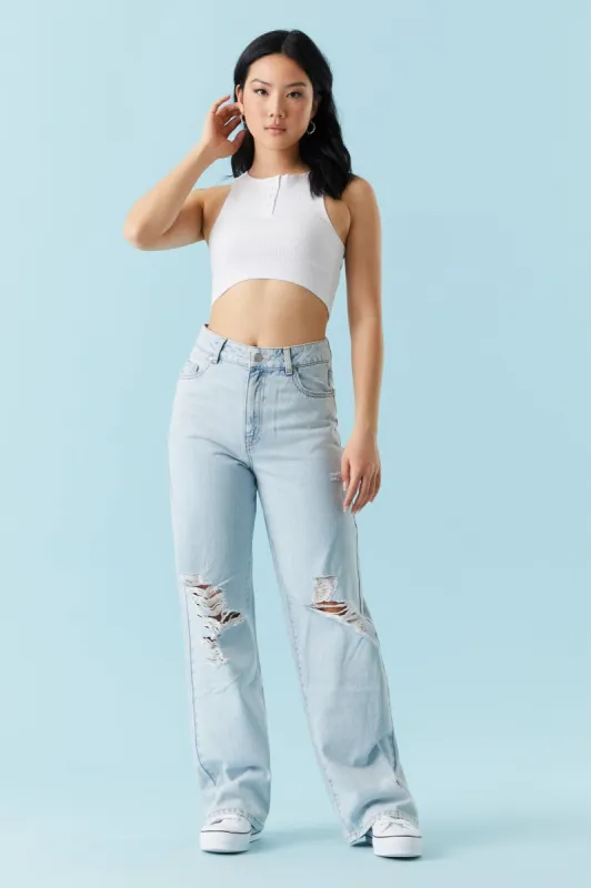 Refuge High-Rise Light Wash Distressed Wide Leg Jean sold by Charlotte Russe