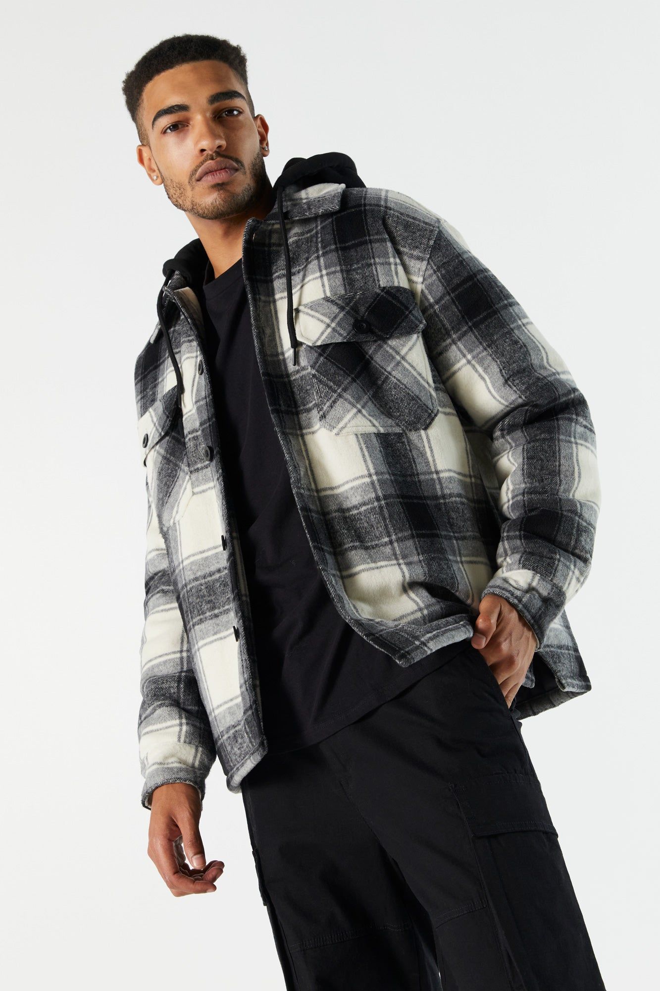 Hooded Plaid Shacket sold by Charlotte Russe product image thumbnail 2