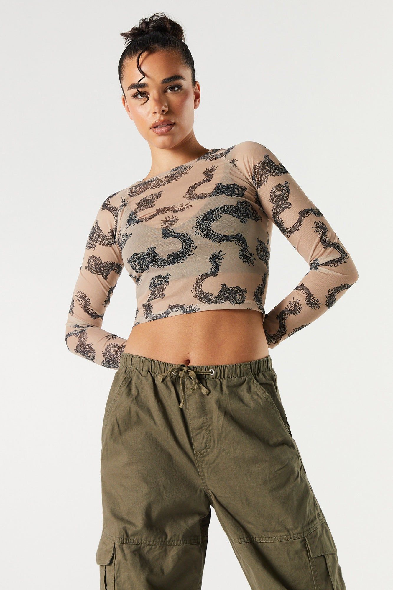 Dragon Print Mesh Long Sleeve Crop Top sold by Charlotte Russe