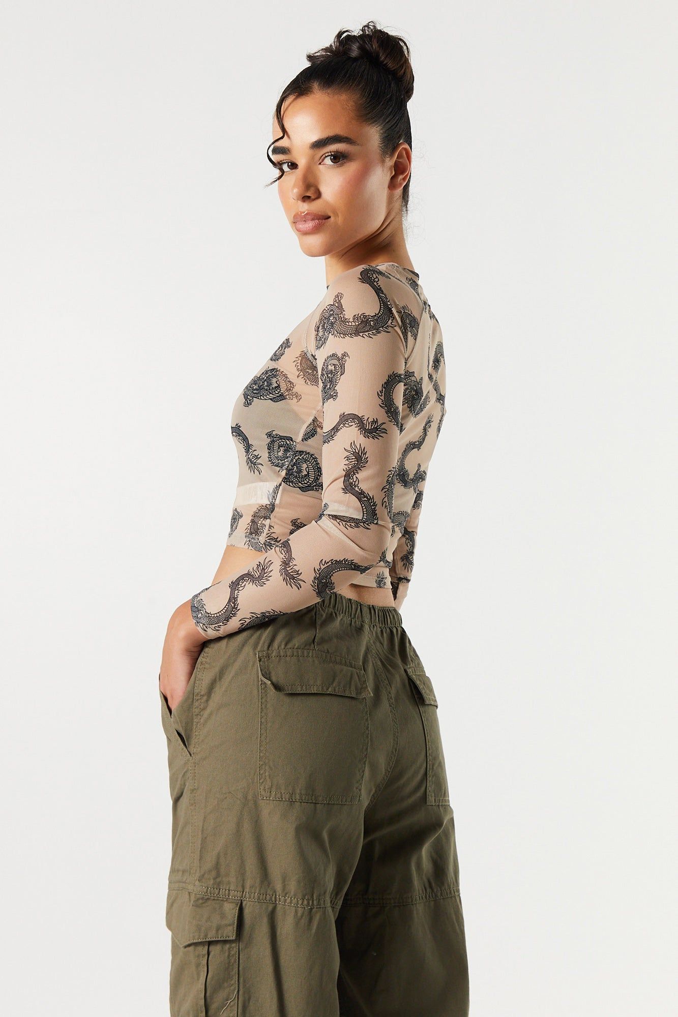 Dragon Print Mesh Long Sleeve Crop Top sold by Charlotte Russe product image thumbnail 3