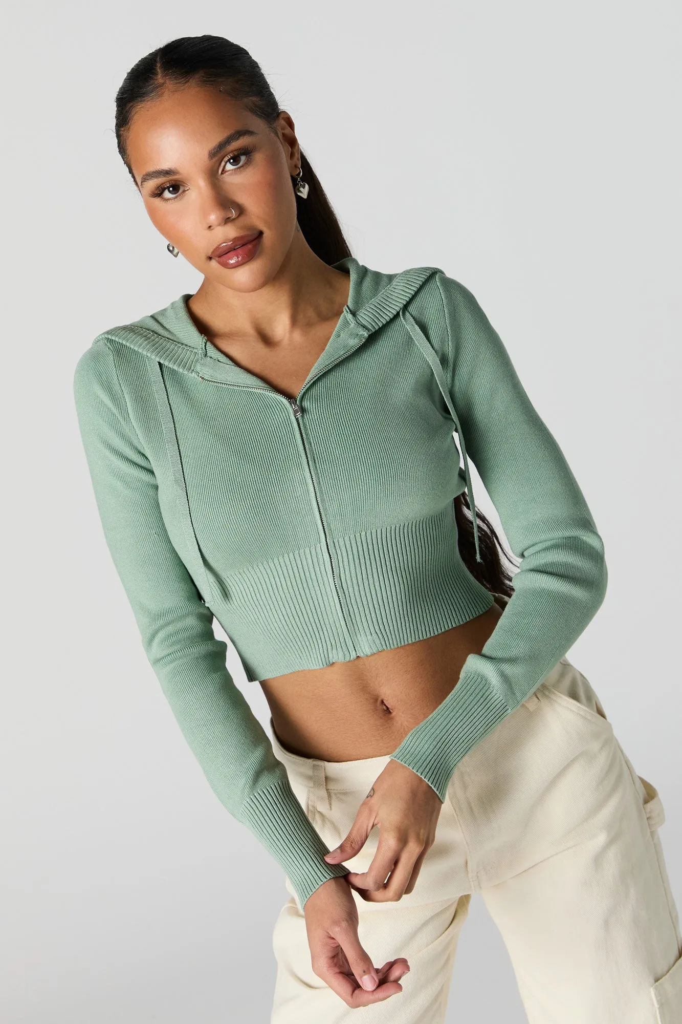 Ribbed Zip-Up Cropped Hoodie sold by Charlotte Russe
