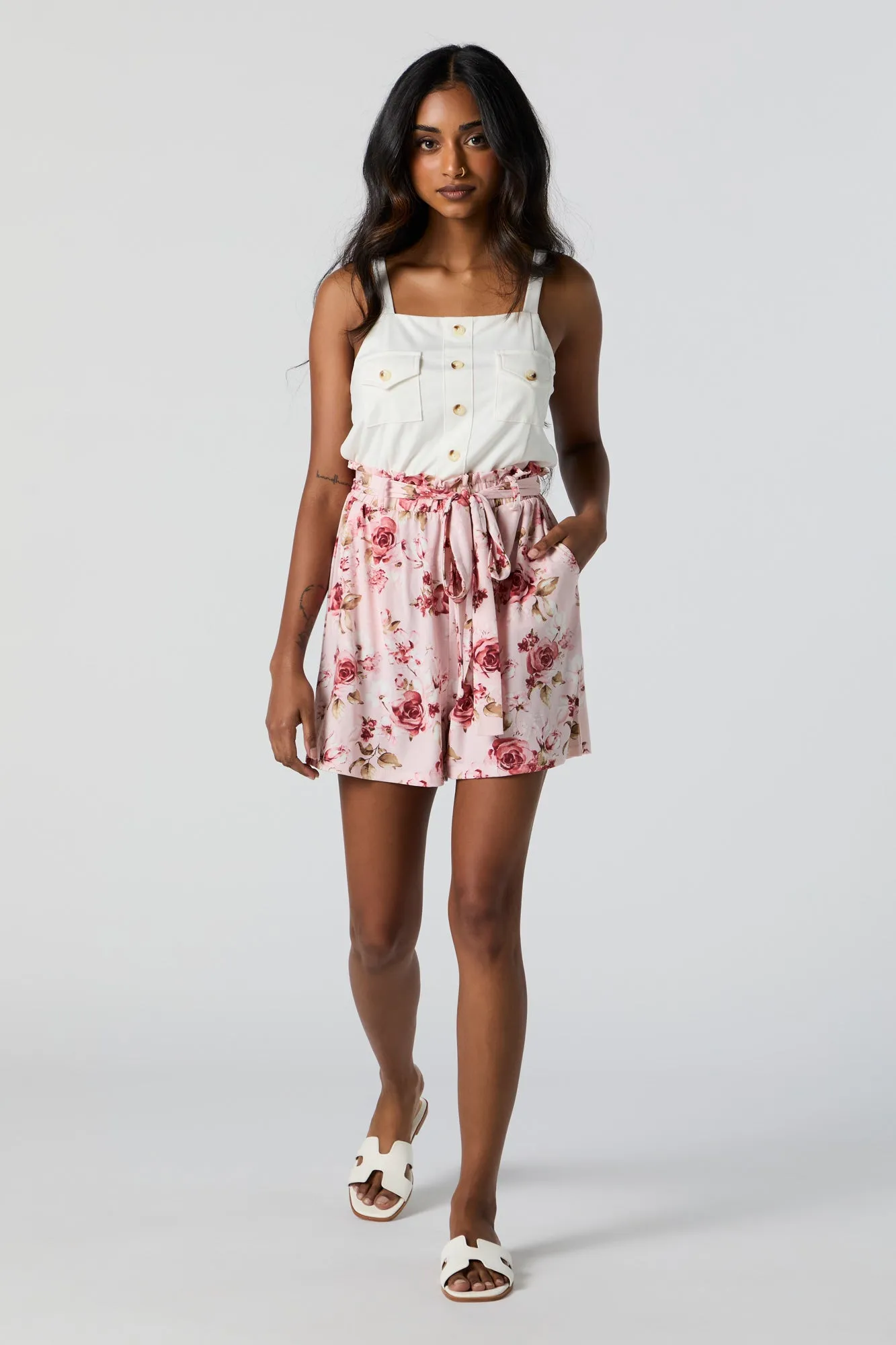 Pink Floral Paperbag Button-Up Romper sold by Charlotte Russe product image thumbnail 3