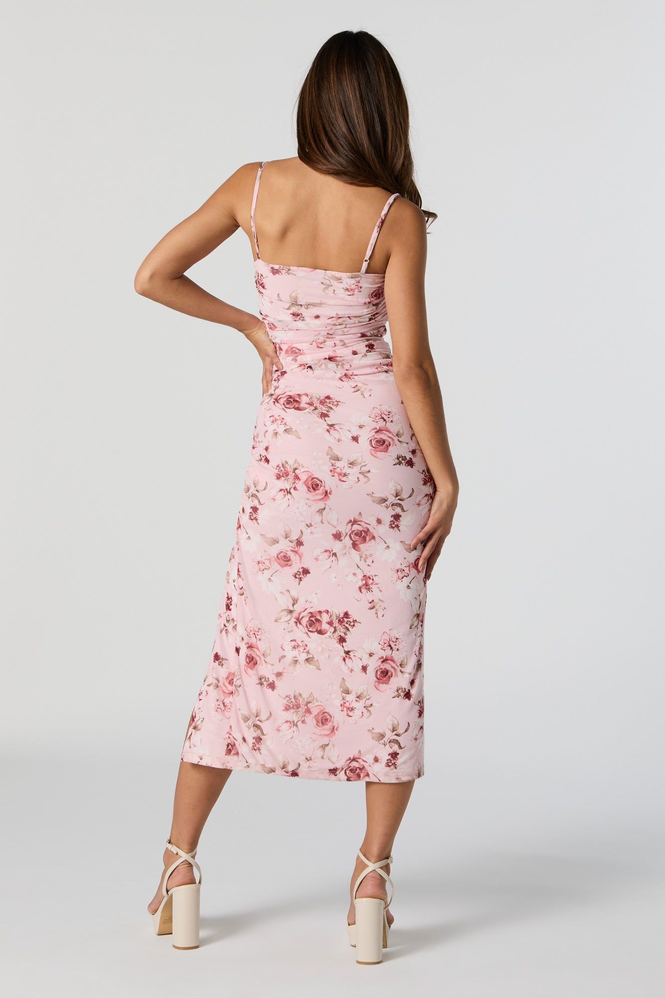 Rose Print Mesh Ruched Slit Midi Dress sold by Charlotte Russe product image thumbnail 3