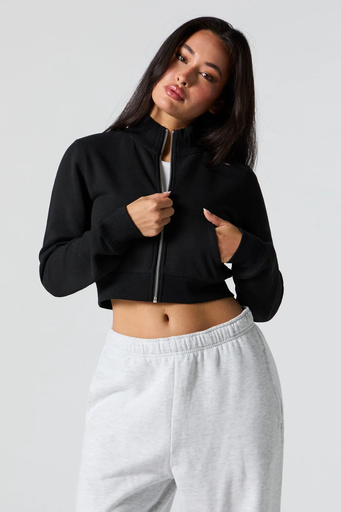 Mock Neck Zip-Up Cropped Sweatshirt sold by Charlotte Russe product image thumbnail 5