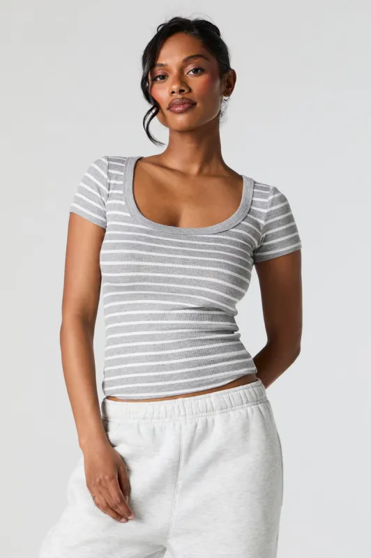 Striped Ribbed Scoop Neck T-Shirt sold by Charlotte Russe